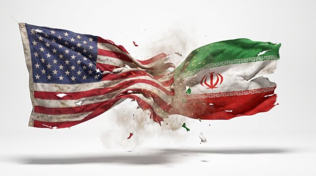 American flag and Iranian flag collide in a dramatic explosion of fabric particles to represent intense geopolitical tension and international conflict.
