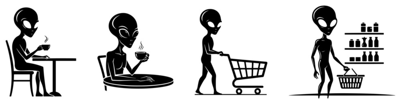 Alien characters in everyday life scenarios drinking coffee and shopping silhouettes