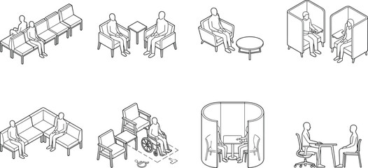 Obraz premium Modern Office Seating Furniture Layouts with People Isometric Line Icons for Waiting Areas Meeting Spaces and Collaboration