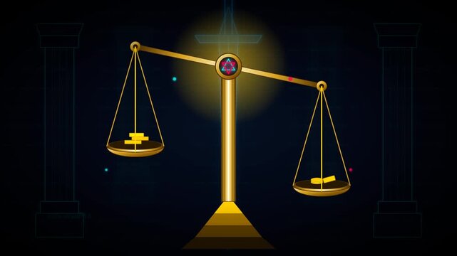 Golden scales of justice, balancing financial assets and liabilities, symbolizing legal equity and fair judgment, a concept for law and finance.