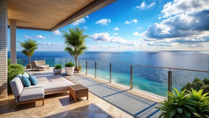 Fototapeta premium Serene coastal view from a minimalist terrace overlooking a vibrant blue ocean