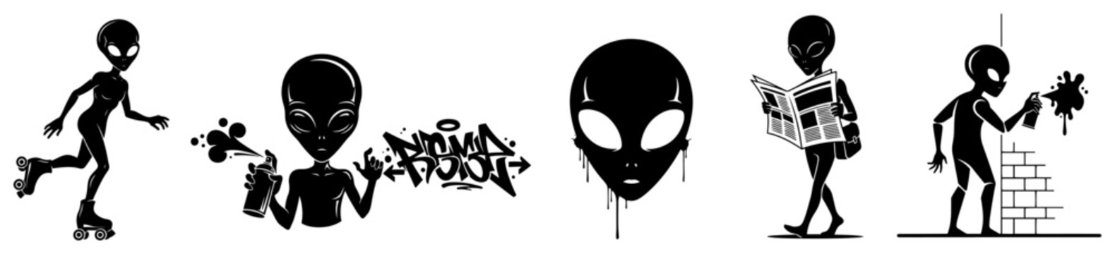Alien characters performing urban activities like rollerblading and spray painting in street art style