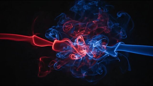 Abstract red and blue smoke streams colliding on a black background