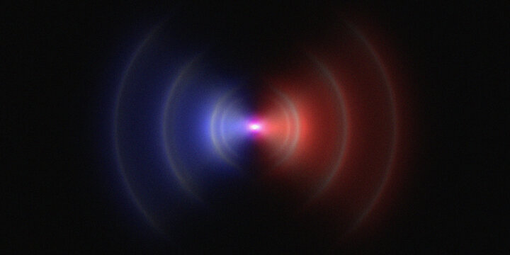 Abstract circular waveform light effect with blue and red colors on black background.