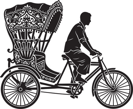 Traditional cycle rickshaw silhouette with ornate floral patterns, vintage Asian pedicab vector illustration, black and white rickshaw driver icon