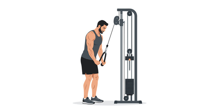 Athlete Doing Cable Tricep Pushdown Strength Exercise Vector Illustration