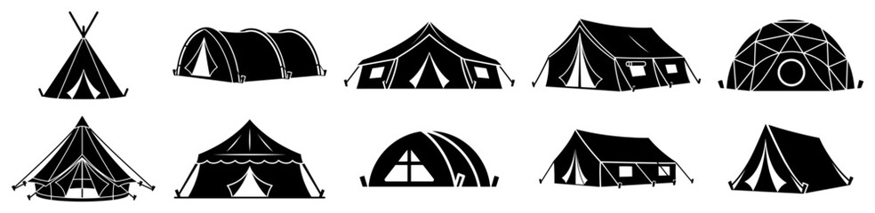 Camping tent silhouettes icons set representing different shelter types flat vector style © Camel