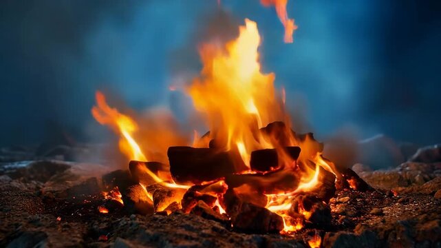 Bright orange flames rising from glowing hot charcoal embers in a dark outdoor fire pit at night