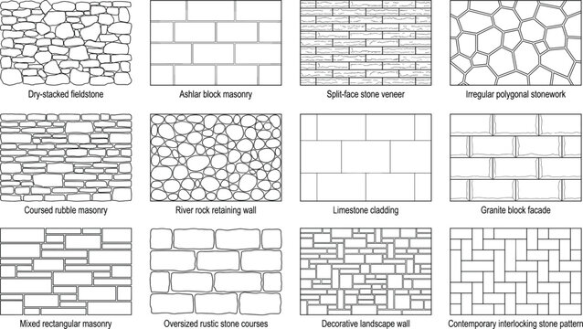 Stone Masonry Wall Pattern Line Art Vector Collection Featuring Natural Stone, Brickwork, Cladding, and Pavement Designs
