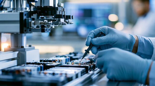 Automatic testing machine measuring voltage of a smart battery pack for renewable green energy bright laboratory bench probes on terminals gloved hands cropped voltage