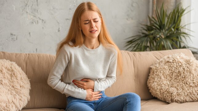 Young woman sitting on sofa holding her stomach in pain, representing stomach ache, cramps, discomfort, healthcare, medical concerns and daily wellness lifestyle concepts at home