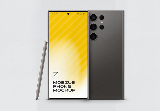 Front and Back Mobile Phone Screen Mockup with Stylus