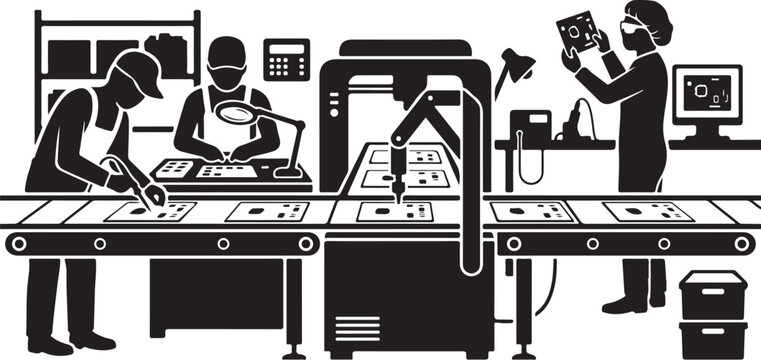 Industrial manufacturing, factory workers, production line, assembly process, industrial vector illustration