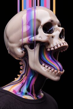 Psychedelic melting skull of creative mind and trippy concept