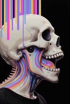 Psychedelic melting skull of creative mind and trippy concept