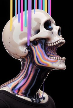 Psychedelic melting skull of creative mind and trippy concept