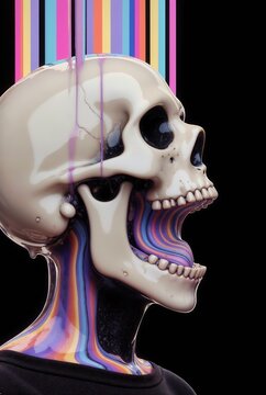 Psychedelic melting skull of creative mind and trippy concept
