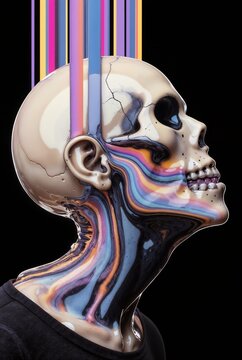 Psychedelic melting skull of creative mind and trippy concept