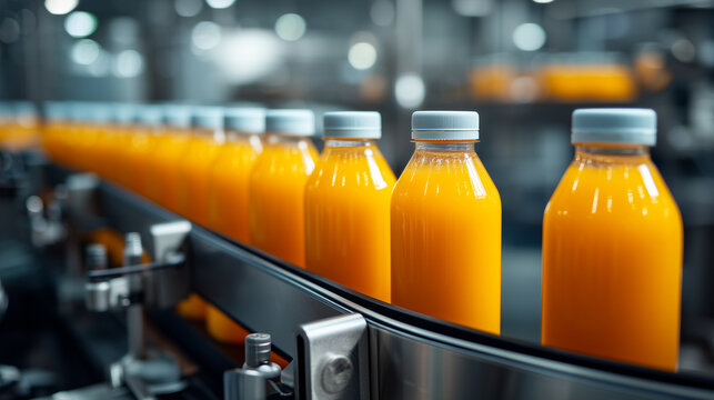 Fresh orange juice bottles moving on automated bottling conveyor in modern beverage factory. Food production, quality control and industrial manufacturing concept.