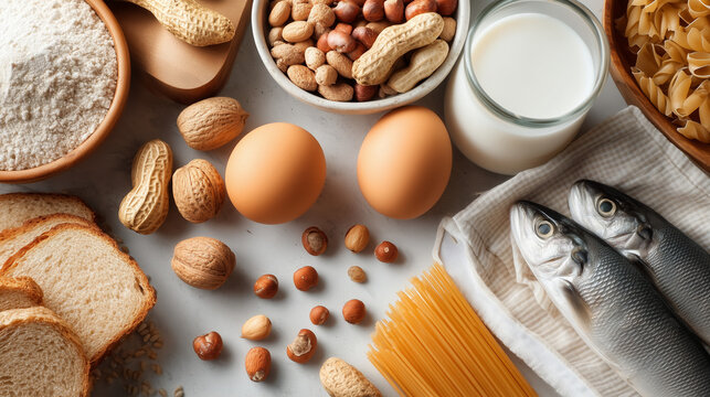 Assortment of common allergenic foods including eggs, milk, fish, bread, peanuts, hazelnuts, walnuts, pasta and dairy powder arranged on a light background. Nutrition, food intolerance and allergy 