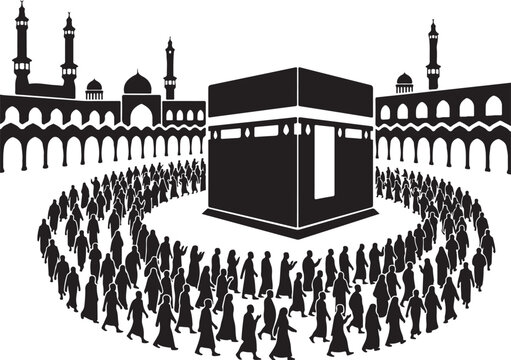 Kaaba, Mecca pilgrimage, Hajj vector illustration, Islamic architecture, Black silhouette