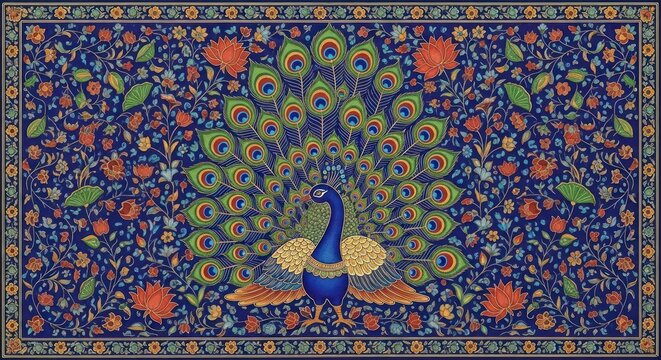 Exquisite Peacock Art with Intricate Floral Patterns on Dark Blue Background.