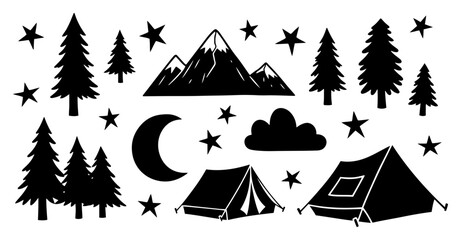 Camping and outdoor adventure icons set featuring mountains tents and pine trees flat vector style © Camel