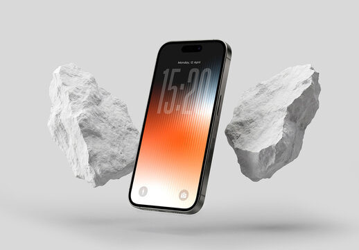 Floating Smartphone Mockup with Stone Props