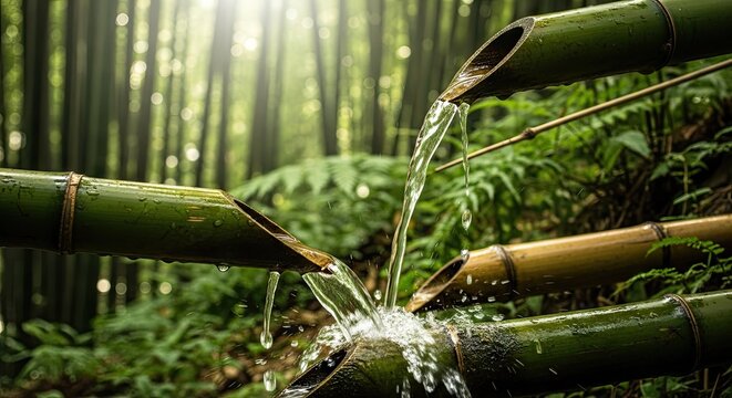 Bamboo water fountain trickling in a lush green forest.