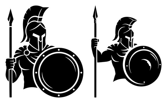 Spartan warriors with helmets shields and spears in bold black silhouette style