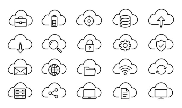 Cloud computing line icons set isolated on transparent background digital services and data storage concepts