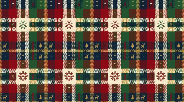 Cozy festive plaid knit pattern with holiday motifs for winter