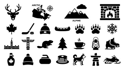 Collection of black and white Canadian winter icons and symbols © kobar