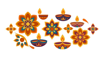 Festive Indian oil lamps and vibrant floral patterns illustration © kobar
