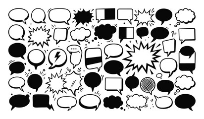 Fototapeta premium Diverse collection of black comic speech bubbles isolated on transparent background for graphic design projects