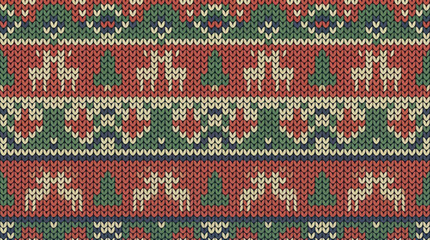 Cozy knitted Christmas pattern with festive reindeer and evergreen trees © laze