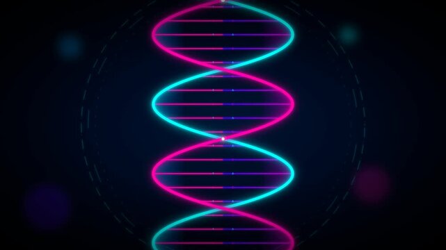 Neon DNA double helix rotating in a dark digital space, a glowing genetic code animation, abstract science and biotechnology background video
