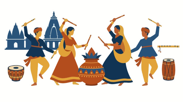 Joyful dancers performing traditional Indian Garba with dandiya sticks
