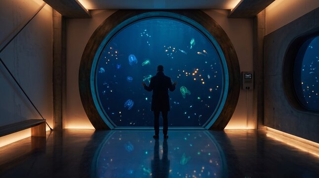 Man Observing Bioluminescent Jellyfish Through Large Aquarium Window