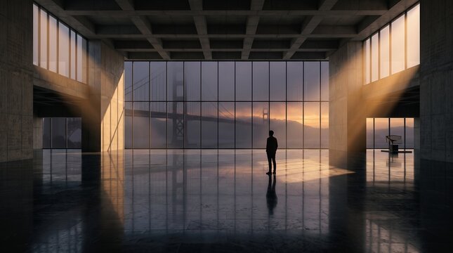 Businessman Standing Alone in Modern Empty Office at Sunset