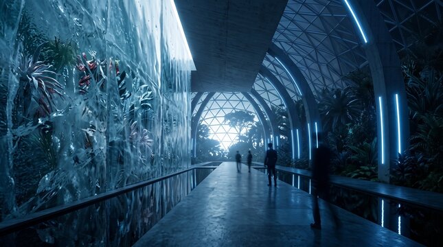 Futuristic Biodome Interior with Tropical Plants and Blue Neon Lighting