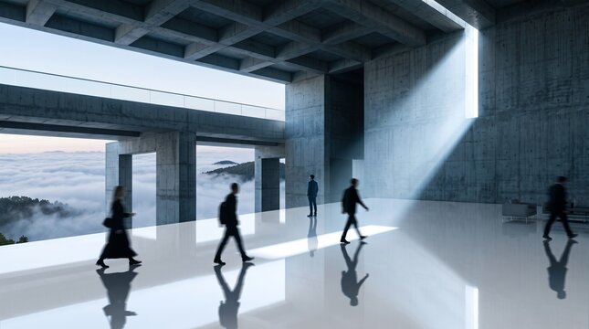 Business Professionals Moving Through Modern Concrete Atrium Above Clouds