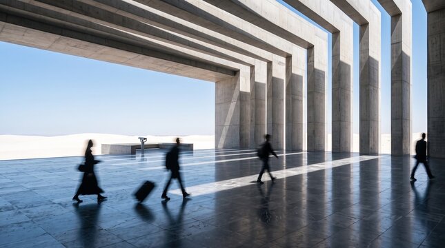 Business Professionals Moving Through Modern Airport Terminal