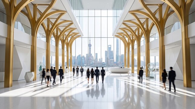 Modern Corporate Lobby with Golden Architectural Elements and City View