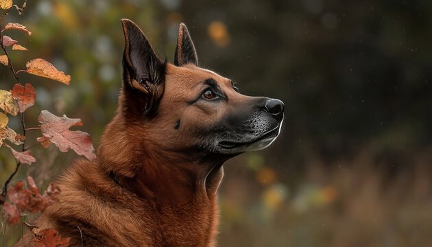 Close up head portrait of a beautiful Belgian Malinois dog looking away with focus on expression