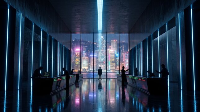 Business Professionals in Futuristic High-Rise Control Center