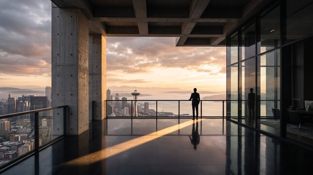 Businessman Overlooking City at Sunset from High-Rise