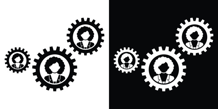 Female corporate employee icons inside integrated rotating gear cogs. Perfect for representing female workforce and staff synergy.