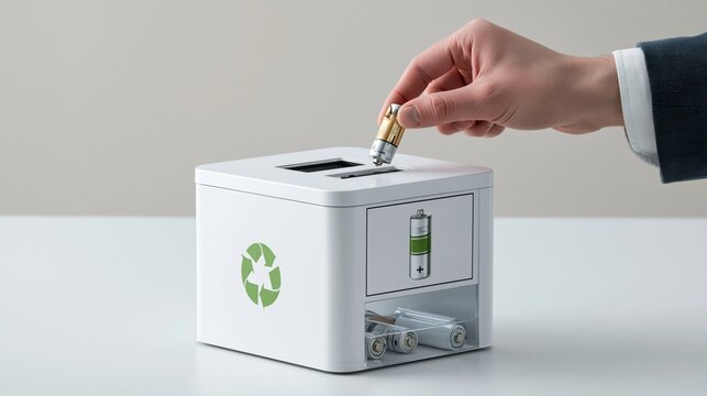 Person dropping a used AA battery into a marked battery collection box at a retail counter. Concept of battery recycling.