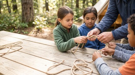 Fototapeta premium Children learning knot tying at outdoor camp in forest setting 